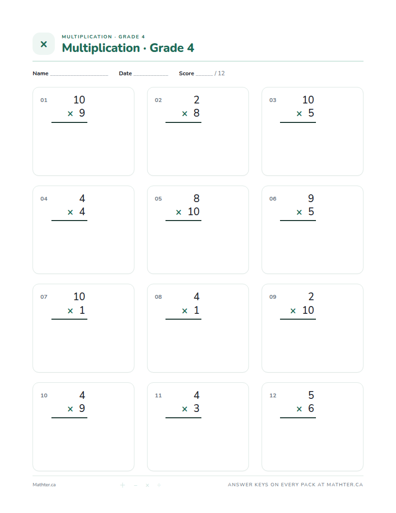 Intermediate Grade 4 multiplication worksheet, page one