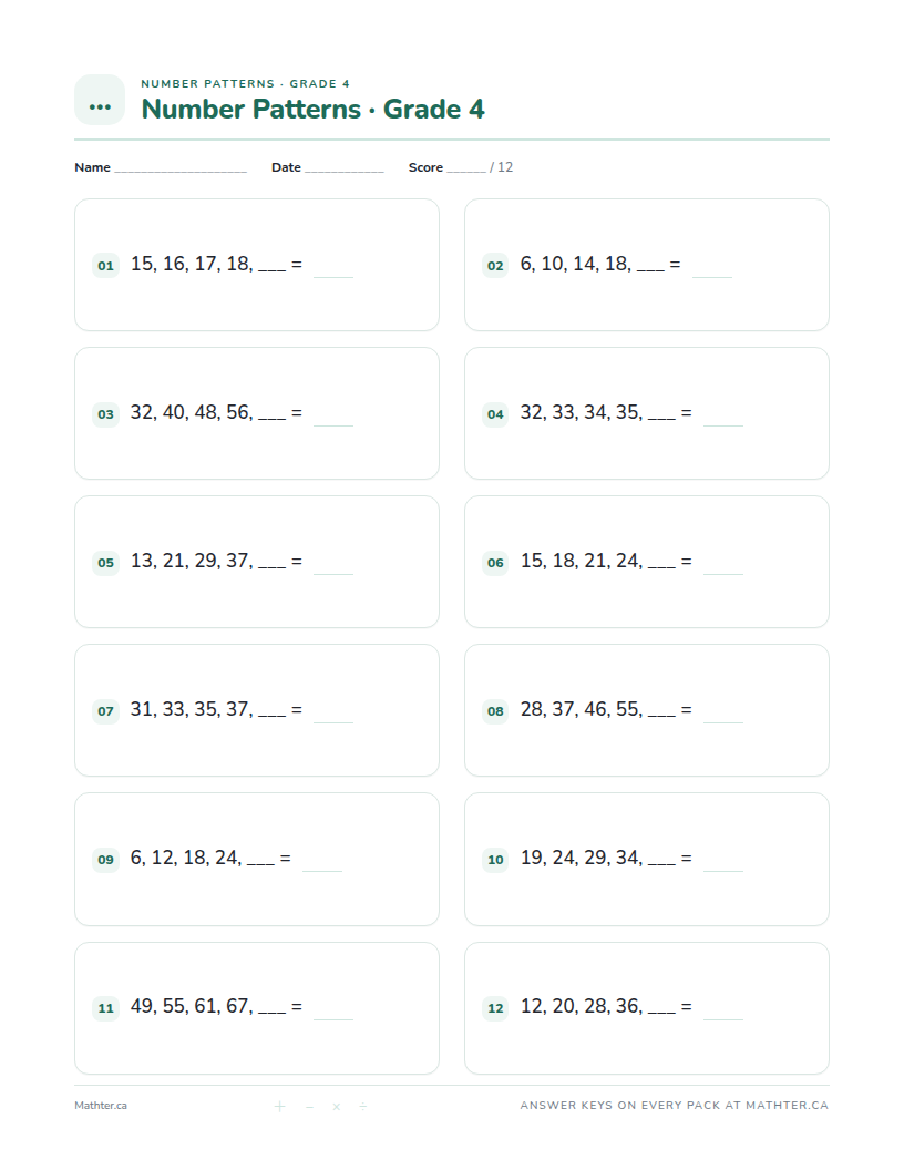 Beginner Grade 4 number pattern worksheet, page one