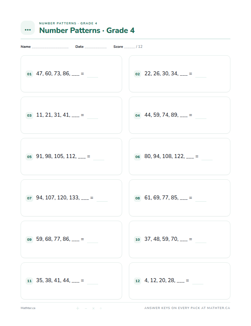 Intermediate Grade 4 number pattern worksheet, page one