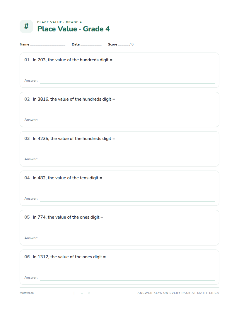 Beginner Grade 4 place value worksheet, page one