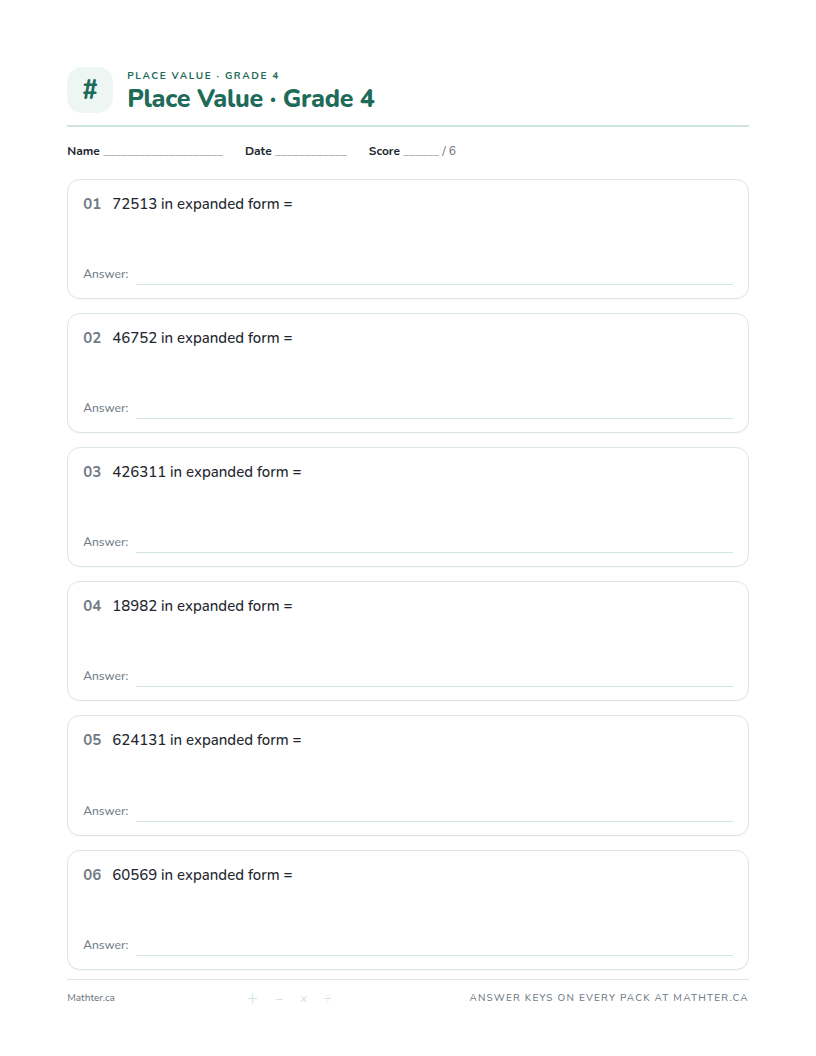 Advanced Grade 4 place value worksheet, page one