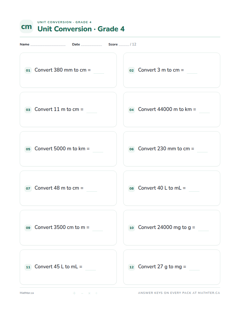 Advanced Grade 4 unit conversion worksheet, page one