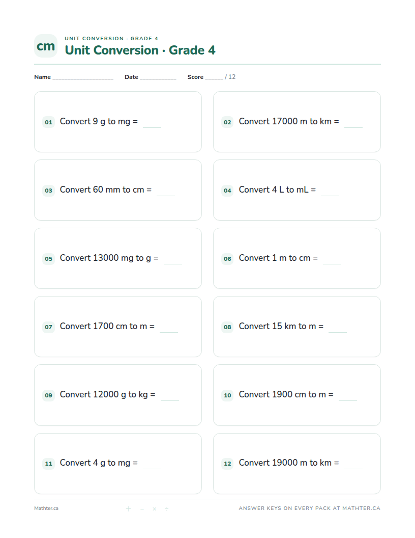 Intermediate Grade 4 unit conversion worksheet, page one