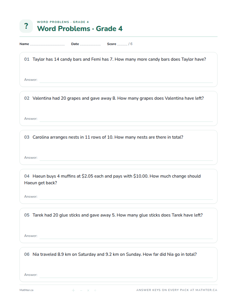 Beginner Grade 4 word problem worksheet, page one
