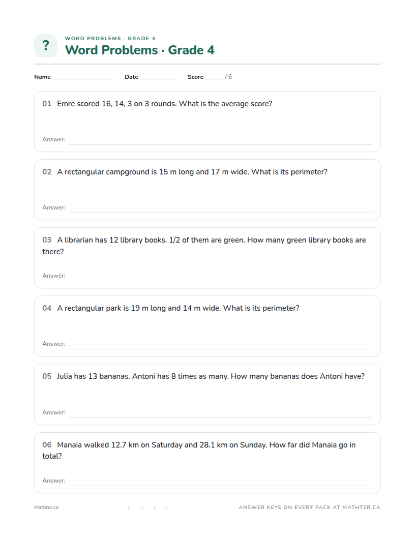 Advanced Grade 4 word problem worksheet, page one
