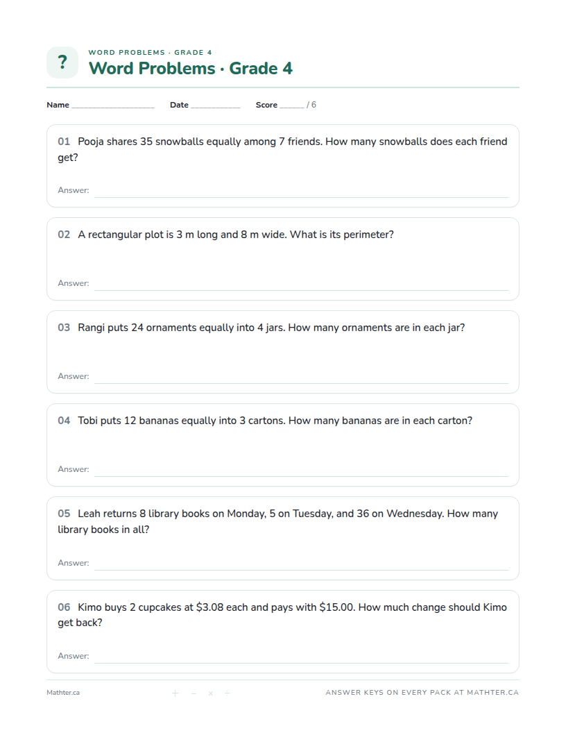 Intermediate Grade 4 word problem worksheet, page one