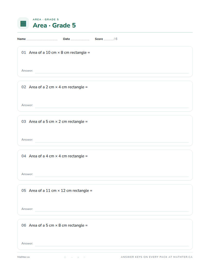 Beginner Grade 5 area worksheet, page one