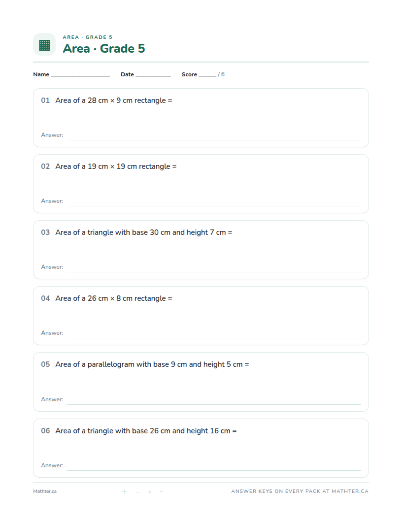 Advanced Grade 5 area worksheet, page one