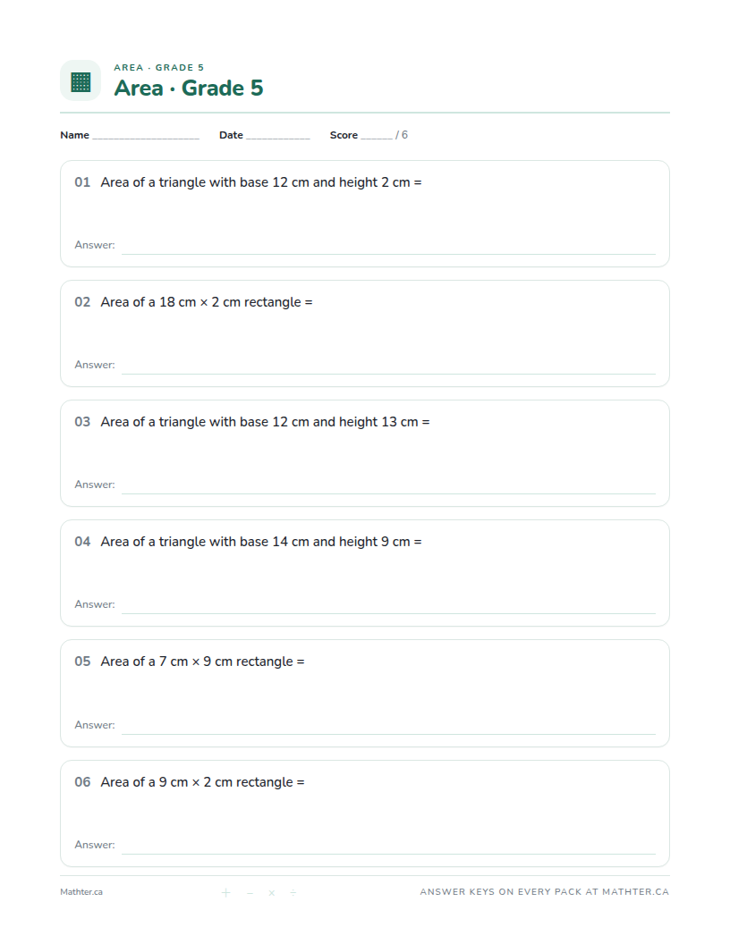 Intermediate Grade 5 area worksheet, page one