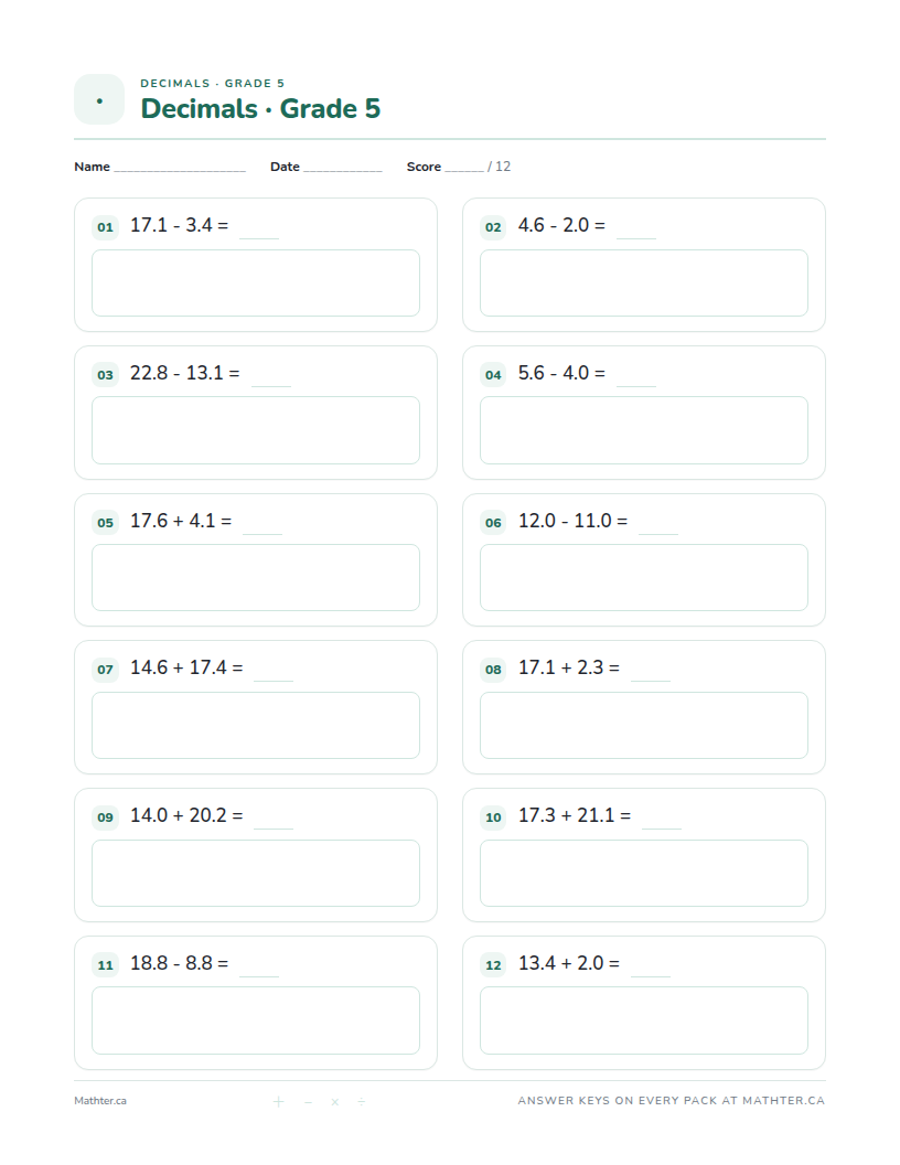 Beginner Grade 5 decimal worksheet, page one