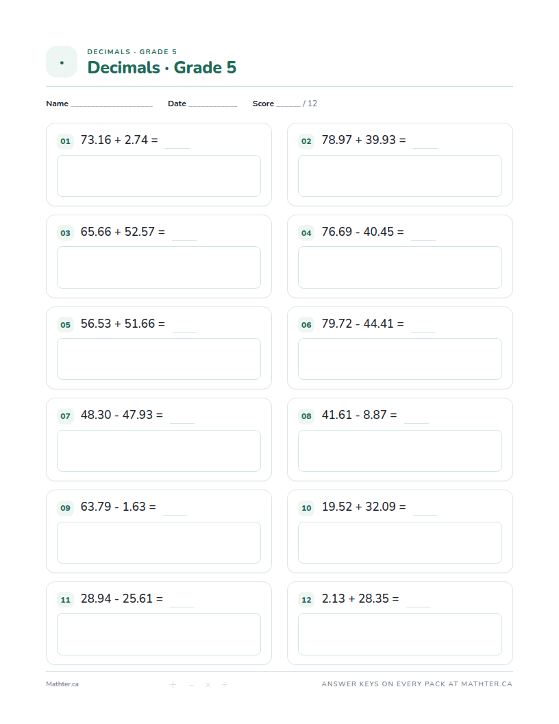 Advanced Grade 5 decimal worksheet, page one