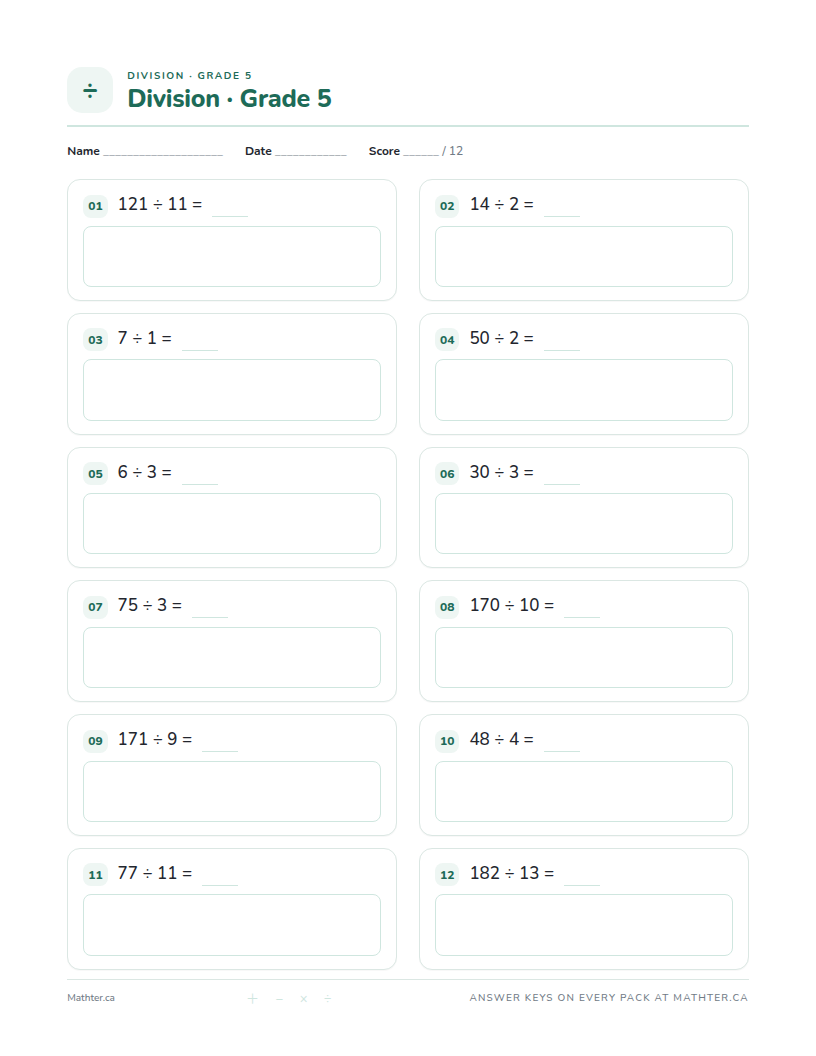 Beginner Grade 5 division worksheet, page one