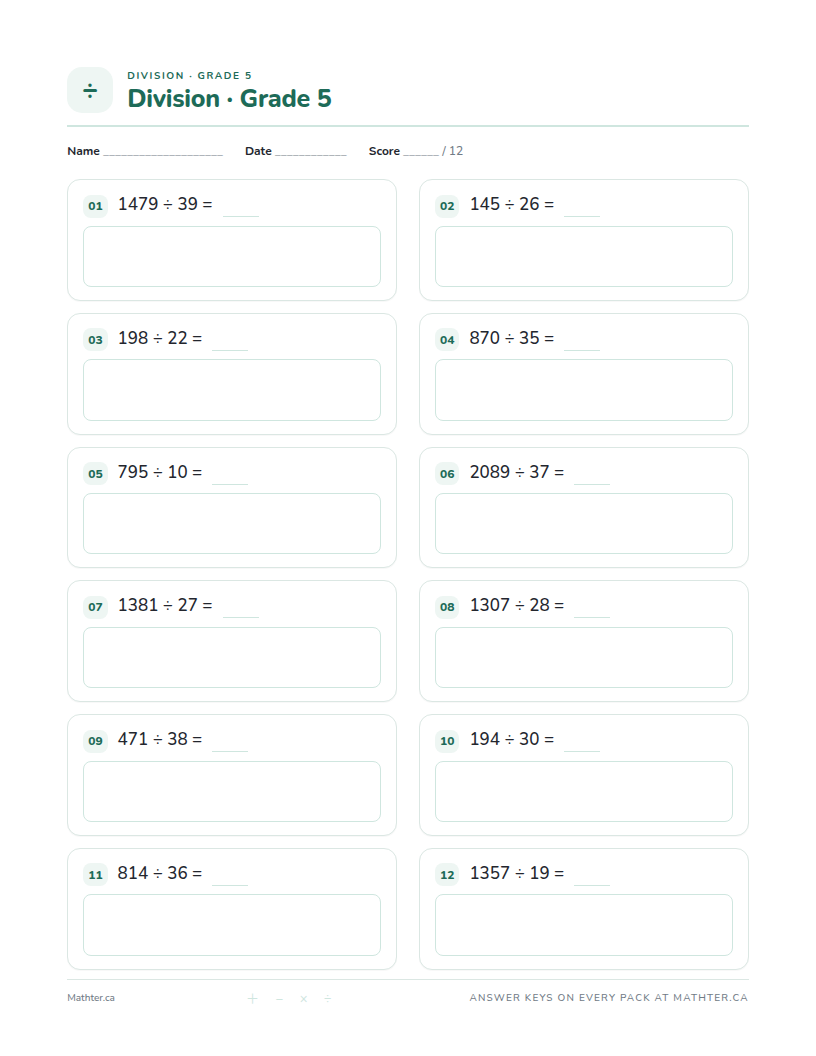 Advanced Grade 5 division worksheet, page one