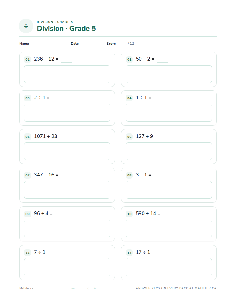 Intermediate Grade 5 division worksheet, page one