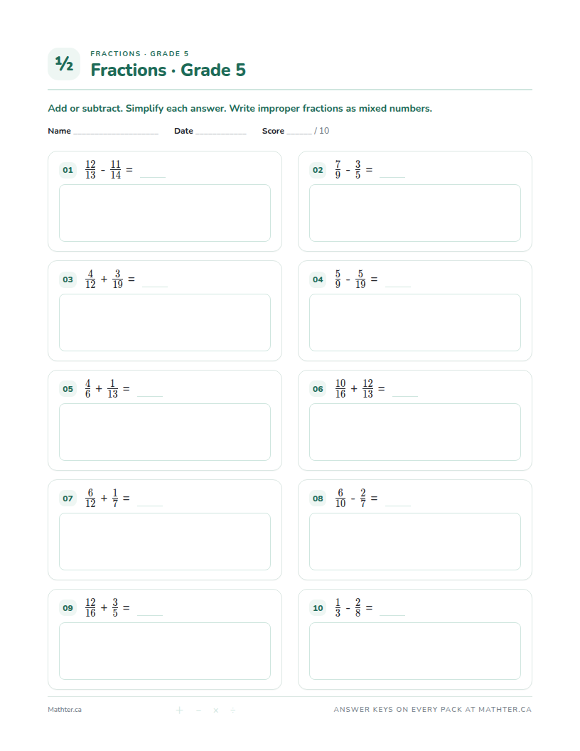 Advanced Grade 5 fraction worksheet, page one