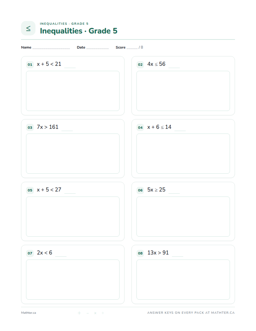 Advanced Grade 5 inequalities worksheet, page one