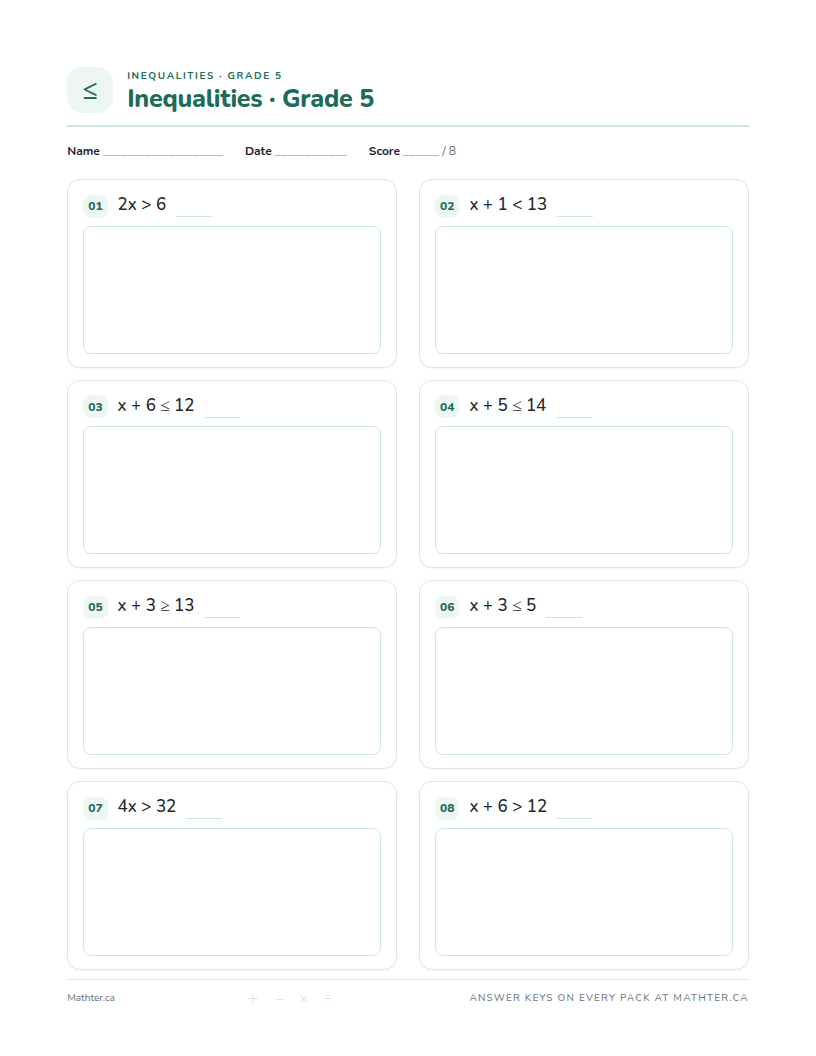 Intermediate Grade 5 inequalities worksheet, page one