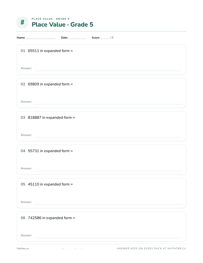 Intermediate Grade 5 place value worksheet, page one
