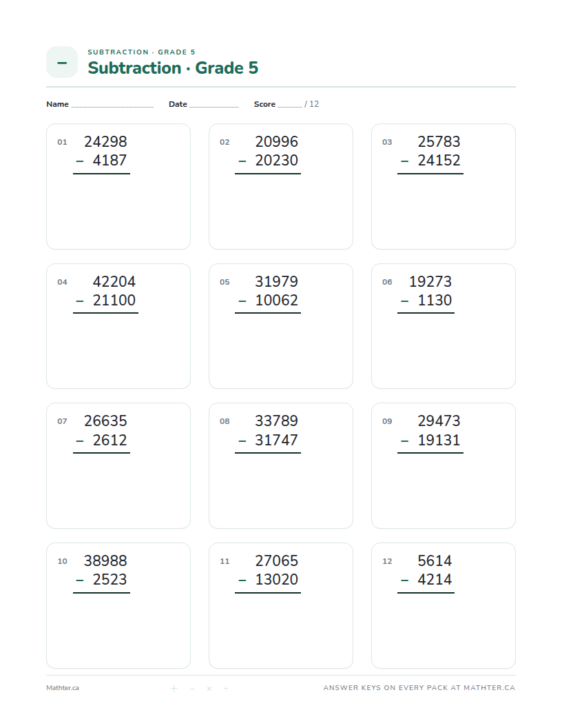 Beginner Grade 5 subtraction worksheet, page one