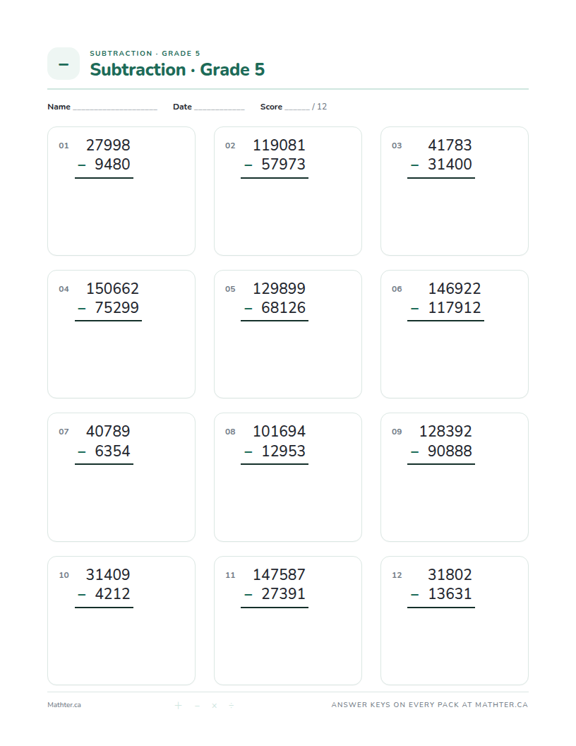 Advanced Grade 5 subtraction worksheet, page one