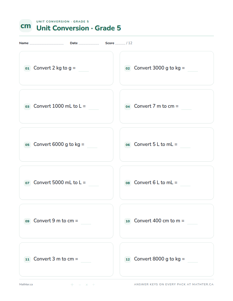 Beginner Grade 5 unit conversion worksheet, page one