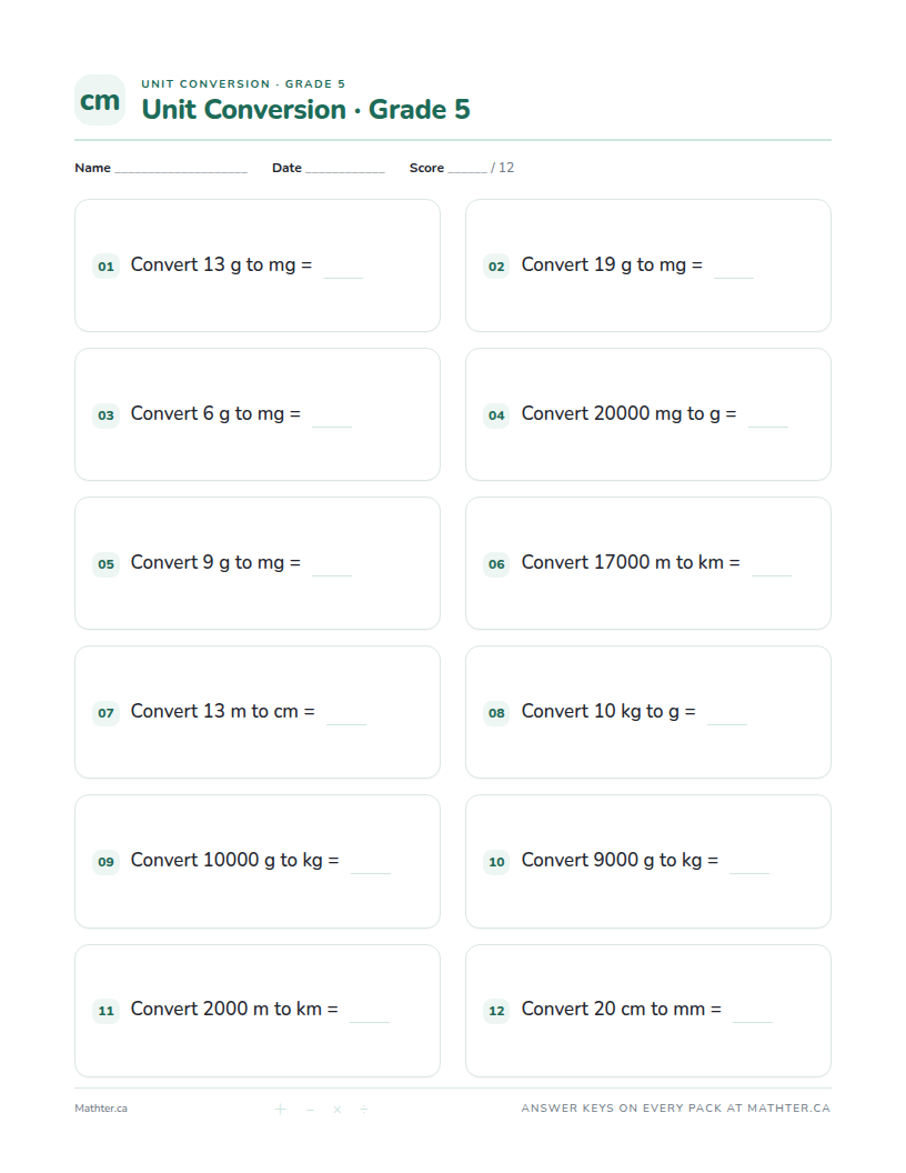Intermediate Grade 5 unit conversion worksheet, page one