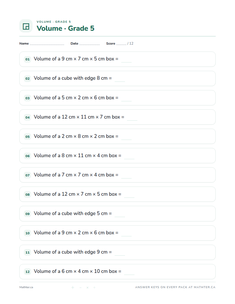 Intermediate Grade 5 volume worksheet, page one