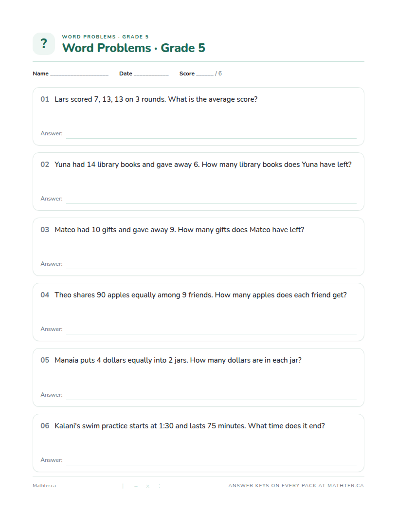 Beginner Grade 5 word problem worksheet, page one