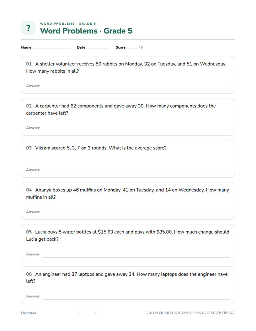 Advanced Grade 5 word problem worksheet, page one