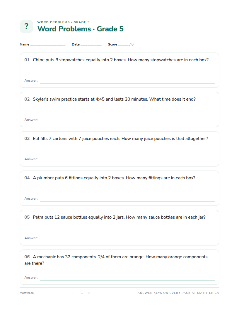 Intermediate Grade 5 word problem worksheet, page one