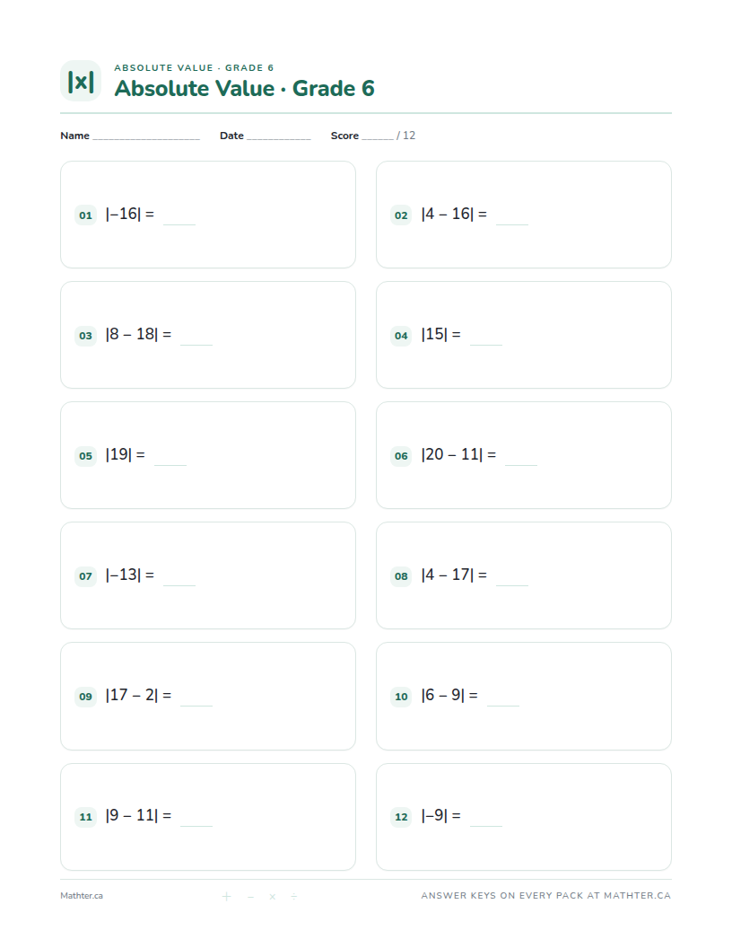 Beginner Grade 6 absolute value worksheet, page one