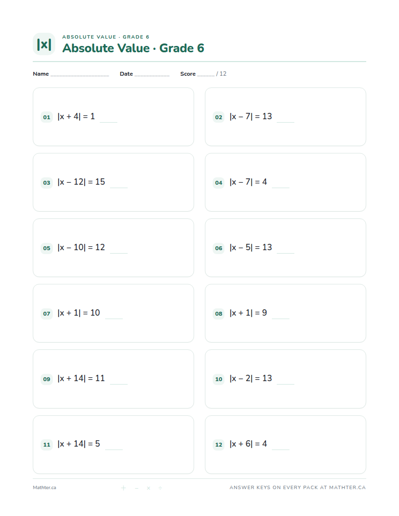 Advanced Grade 6 absolute value worksheet, page one