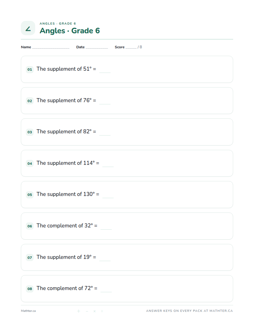 Beginner Grade 6 angles worksheet, page one