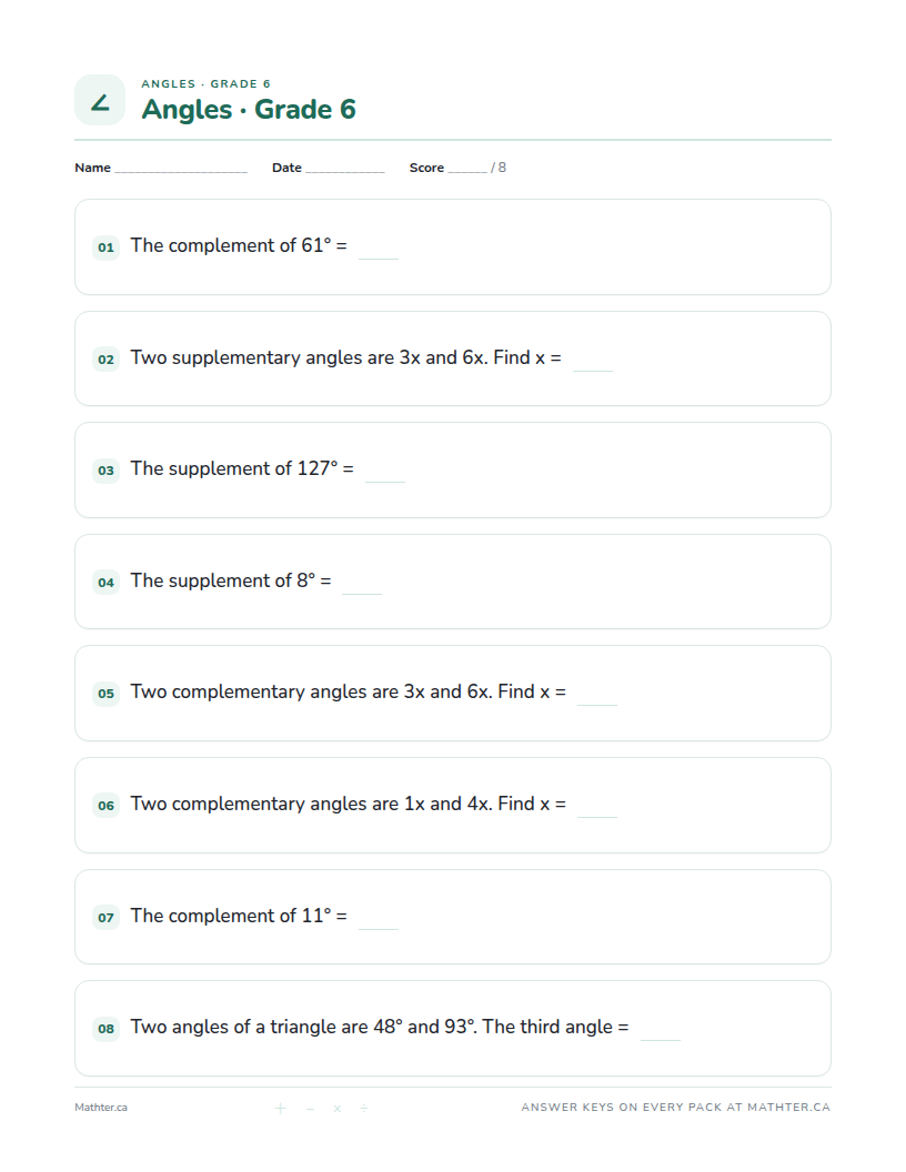 Advanced Grade 6 angles worksheet, page one