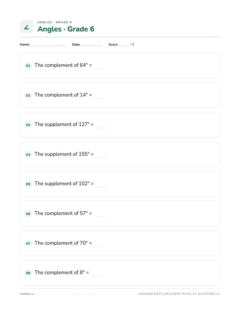 Intermediate Grade 6 angles worksheet, page one