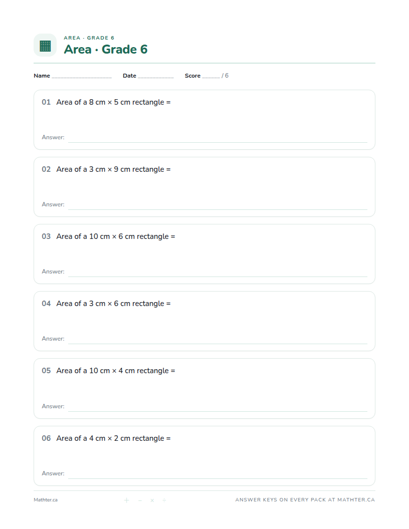 Beginner Grade 6 area worksheet, page one