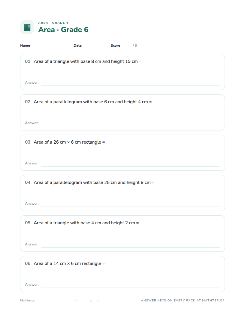 Advanced Grade 6 area worksheet, page one