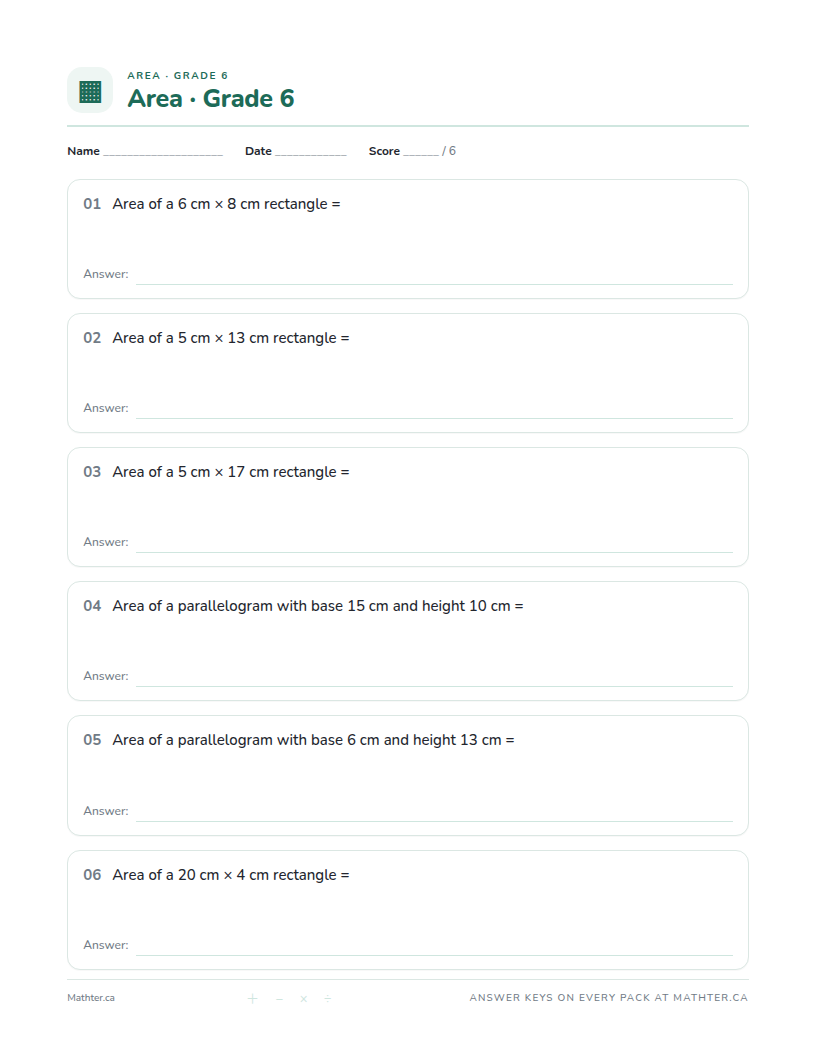 Intermediate Grade 6 area worksheet, page one