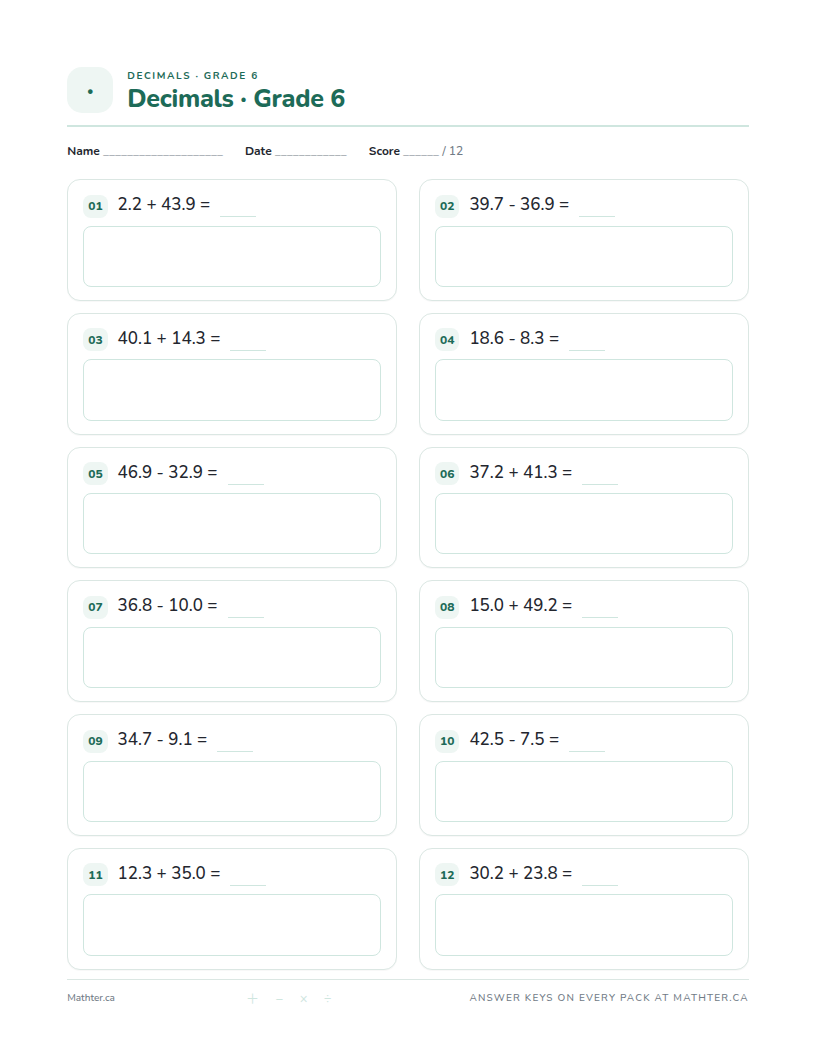 Beginner Grade 6 decimal worksheet, page one