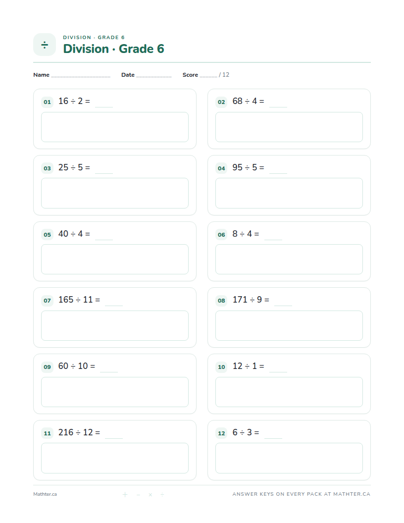 Beginner Grade 6 division worksheet, page one