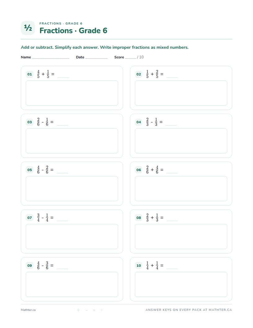 Beginner Grade 6 fraction worksheet, page one