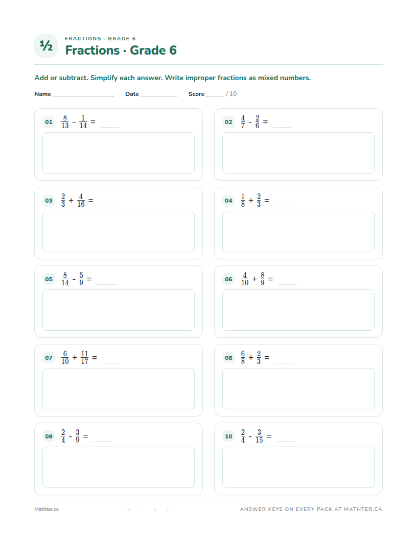 Advanced Grade 6 fraction worksheet, page one