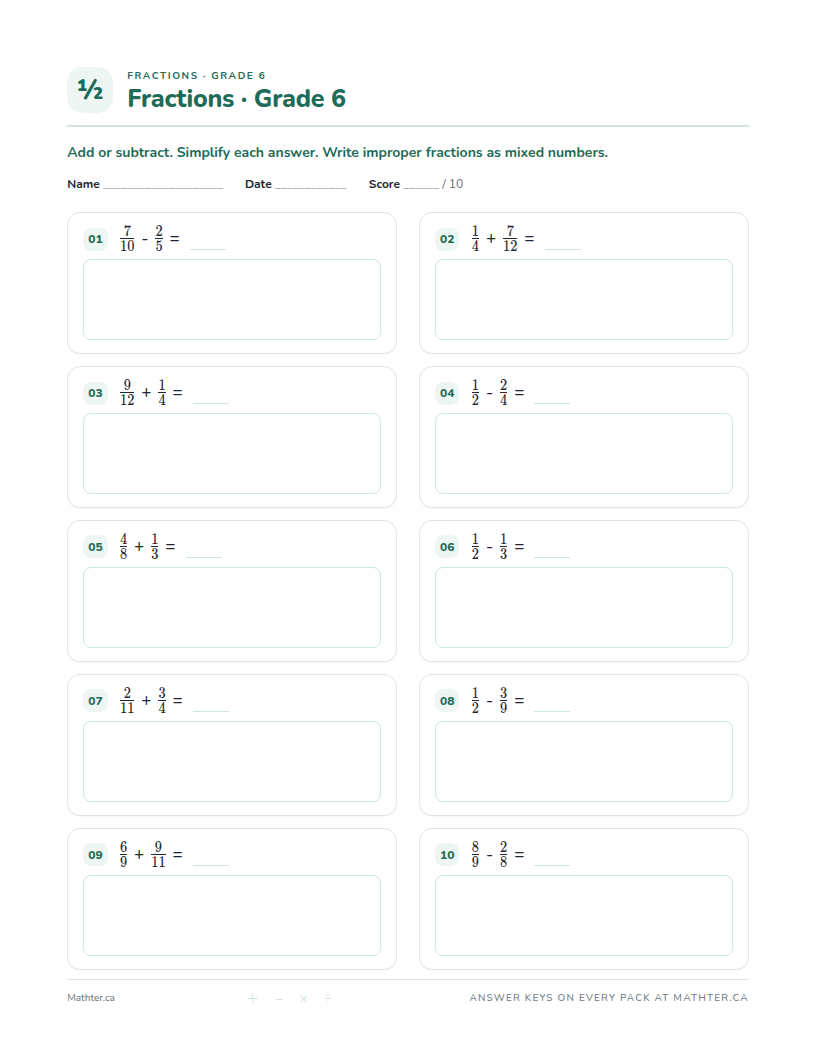 Intermediate Grade 6 fraction worksheet, page one