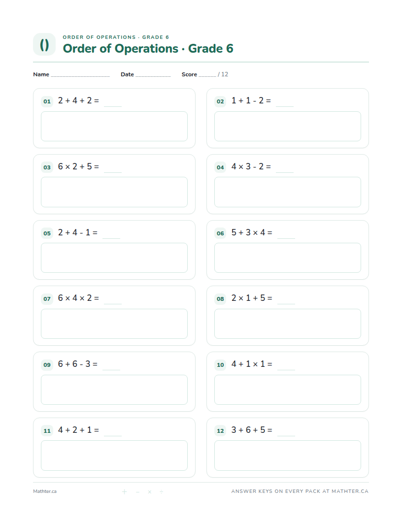 Beginner Grade 6 order of operations worksheet, page one
