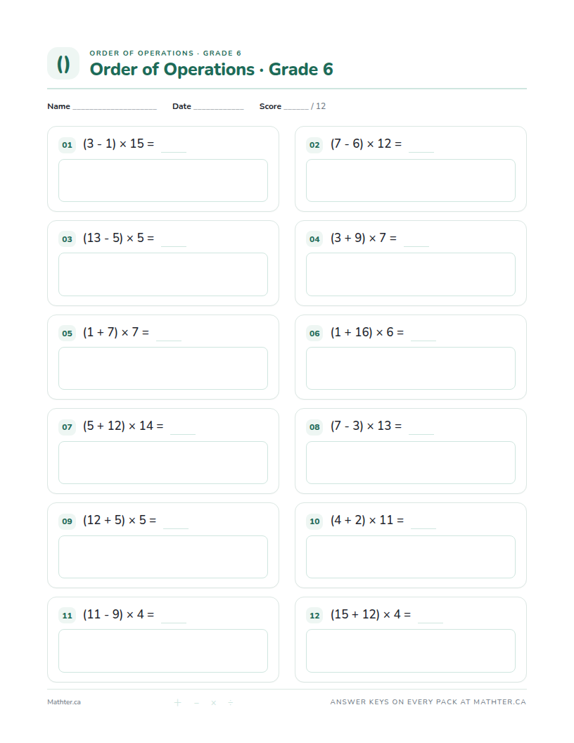 Advanced Grade 6 order of operations worksheet, page one