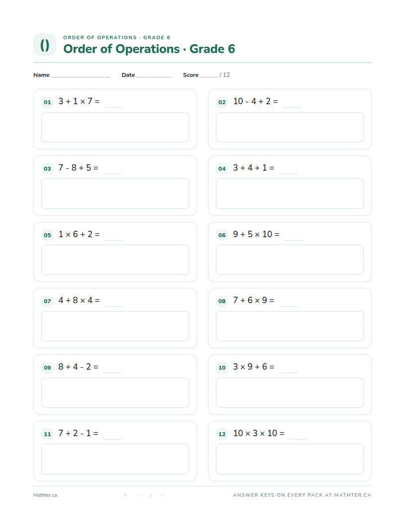 Intermediate Grade 6 order of operations worksheet, page one