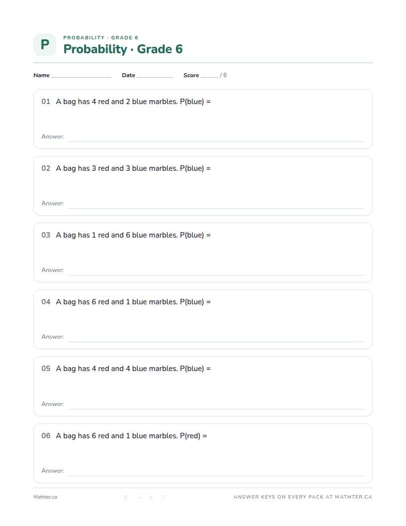 Beginner Grade 6 probability worksheet, page one