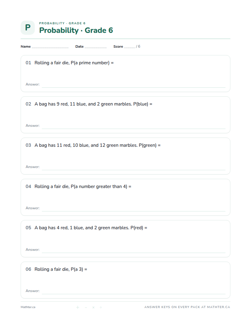 Advanced Grade 6 probability worksheet, page one
