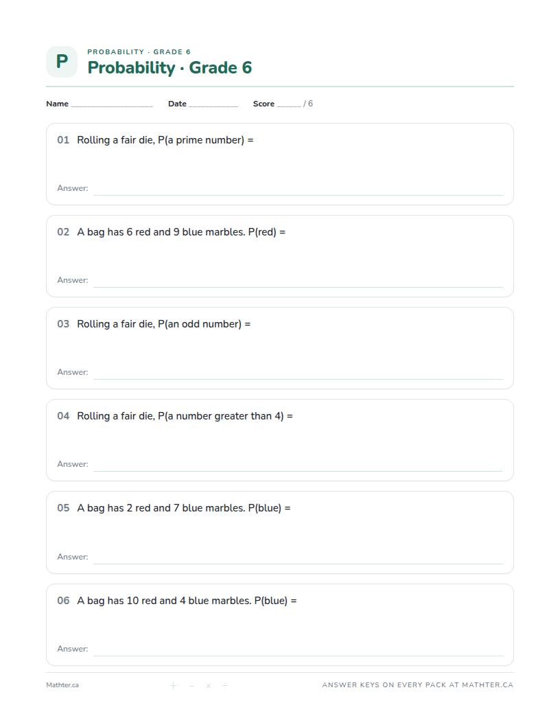 Intermediate Grade 6 probability worksheet, page one