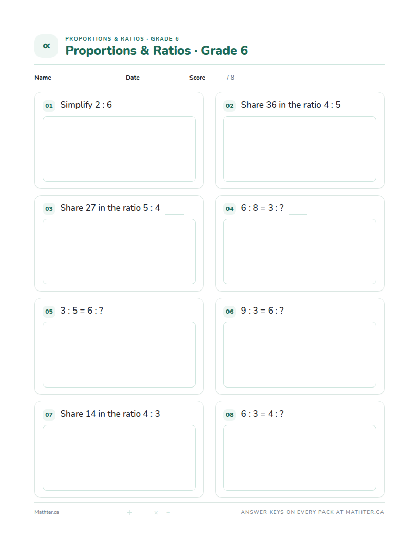 Beginner Grade 6 proportions & ratios worksheet, page one
